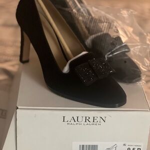 Lauren Ralph Lauren Elegant Velvet Black Jet Stones Bow Pumps